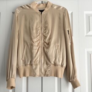 Mercer & Madison 100% Silk Bomber Jacket Women’s Small Tan/Gold Zip Front Ruched